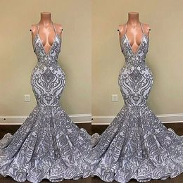 2022 Gorgeous Silver Mermaid Prom Dresses Spaghetti Straps V-neck Appliques Lace Backless Evening Gowns BC13118 B0417Q 288i