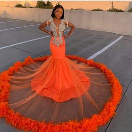 New Arrival Orange Mermaid Prom Dresses Lace Beads Crystal Feather Formal Evening Dress 2020 Deep V Neck African Robes De Soiree 223K