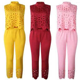 Women's Two Piece Pants Suit Casual Outfit Women Sleeveless Crop Top Lace Hollow Shirt Office