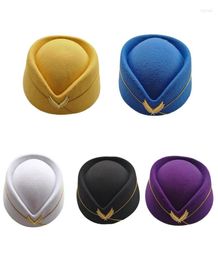 Berets Stewardess Air Hostesses Hat Women Imitation Wool Felt Cap Ladies Pillbox Hats With Gold Insignia Solid Beret Base Sweet Fe9899312