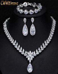 Elegant Women Wedding Jewellery African CZ Crystal Leaf Drop Bridal Necklace Bracelet and Earrings Jewelry Sets T294 2107141211931