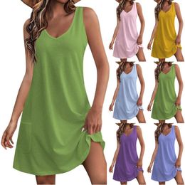 Casual Dresses Women's Sundress With Pockets Summer Boho Beach T-Shirts Dress Youthful V Neck Loose Tank Vestidos Para Mujer