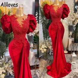 Plus Size Arabic Aso Ebi Red Mermaid Lace Prom Dresses Ruched Puffy Short Sleeves Beaded Sheer Neck Velvet Evening Formal Party Gowns S 232O