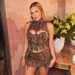 Color Patchwork Mesh Tassel 2 Piece Set Women Sexy Turtleneck Sleeveless Hollow Out Backless Crop Tops Mini Skirts Clubwear 240513