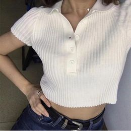 Women's Polos Polo Neck Top For Women Short Sleeved Knit Shirt White Lapel Stripe Slim Fit And Casual Summer