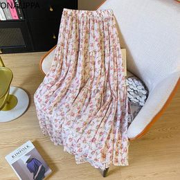 Skirts Onalippa Vintage Pink Floral Chiffon Skirt Elastic High Waist A Line Multi Ruffles Midi Korean Chic Design Women Clothing