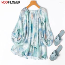 Women's Blouses Women Silk Blouse Mulberry Crepe Blue Printed Loose Type Lantern Sleeve Pullover Shirt Top M1126