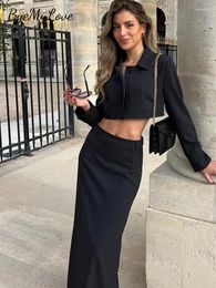 Work Dresses ByeMyLove 2 Pieces Sets Women Skirts Pencil And Blouse Suit For Crop Top Long Sleeve Casual Outfits Solid