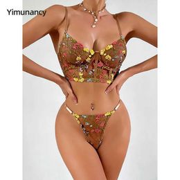 Bras Sets Yimunancy Floral Embroidery Lingerie Set Women 2-Piece Bra + Brief Underwear Set Boho Intimates Y240513