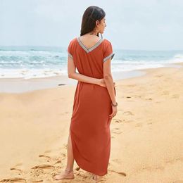 Casual Dresses Summer Women Dress With Pockets V Neck Short Sleeve Loose Solid Color Side Split Ankle Length Commute Homewear Beach Maxi