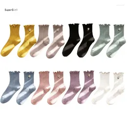 Women Socks Girl Floral Embroidery Ankle Candy Colour Cuffs Ribbed Vertical Striped Casual Tube Hosiery J78E