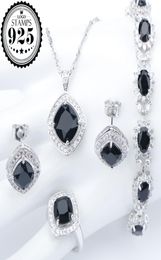 Silver 925 Costume Wedding Black Zircon Jewellery Sets For Women Bracelets Earrings Rings Pendant Necklace Set Jewellery Gift Box4422368