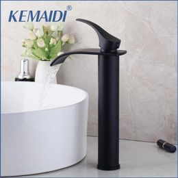 Bathroom Sink Faucets KEMAIDI Black Waterfall Basin Faucet Mixer Tap Wide Spout Vessel Cold Water Deck Mounted