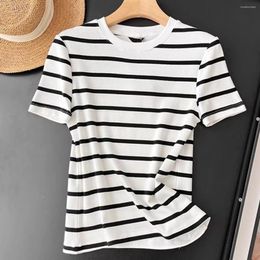 Women's T Shirts Withered Round Neck Tshirts 2024 Fahsion Ladies Nordic Minimalist T-shirt For Women Tops Summer Navy Blue Stripe Basic