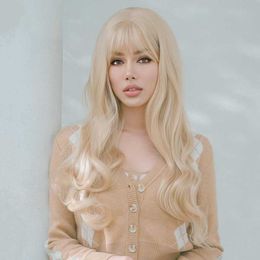 New wig womens off white long curly hair with straight bangs simulated large wave wig full set wigs