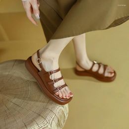 Dress Shoes Women's Spring/Summer Round Toe Open Thick Bottom Belt Buckle Elastic Leather Cowhide Middle Heel Roman Sandals