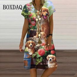 Casual Dresses Harajuku Dress Dog Graphics Printed Loose Short Sleeve Summer Oversized Knee-Length Animal Women Clothing