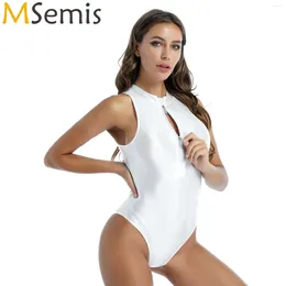 Women's Swimwear Womens Glossy Sleeveless Bodysuit Swimsuit One Piece Solid Colour Double Zipper Front Leotard Swim Costume Nightwear