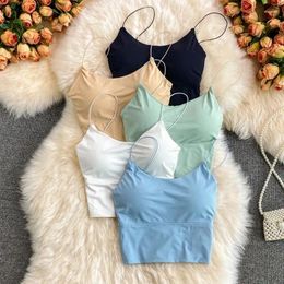 Women's Tanks 1pc Women Sexy Solid Color Camisole Ice Silk Tube Seamless Sports Tank Top Wireless Underwear Padded Bra Bralette Vest