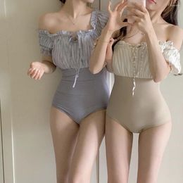 Women's Swimwear 2024 Korean Style Solid Ruffled One-piece Swimsuit Sexy High Cup Up Women Monokini Girls Beach Bathing Suits