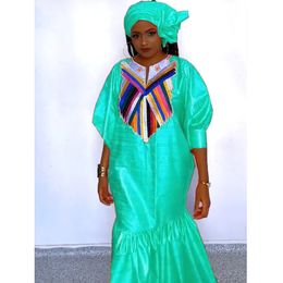 Summer African Bazin Rich Dress With Gold Brode Lady Wedding Party Gown Plus Size Nigerian Dashiki Robe Long Sleeves 240422
