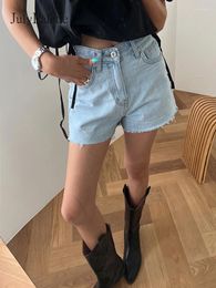 Women's Jeans JulyPalette Light Blue High Waist Denim Shorts Women Summer Casual Fray Tassel All-match Female 2024