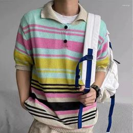 Men's Polos Men Fashion Lapel Button Short Sleeve Pullover Casual 2024 Colorful Tees T Shirt Knitted Tops Classic Striped Knit Polo Shirts