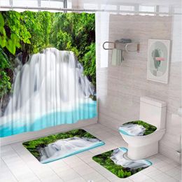 Shower Curtains Primary Forest Waterfall Curtain Set Scenery Green Plant Bathroom Non-Slip Bath Mat Carpet Rug Toilet Seat Cover