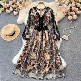 Casual Dresses Autumn Fashion Runway Party Dress For Women V-Neck Black Lace Patchwork Mesh Embroidery Sequins Midi Vestidos