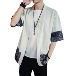 Chinese Style Men's Casual Cotton And Linen Summer New Patchwork Three Quarter Sleeved Linen Cardigan Shirt Hanfu