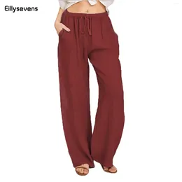 Women's Pants 2024 Women Fashion Vintage Solid Straight Linen Drawstring Casual Trousers Spring Summer Female Wide Leg