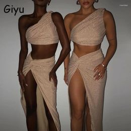 Work Dresses Giyu Sexy 2 Piece Set 2024 Glitter Sparkle Club Party Women Sets Vest Bodycon Split Long Skirt Ruched Two Outfit