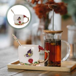 Cups Saucers 1 Set 320ml Enamel Flower Tea Cup Decorative Drinking Ceramic Mugs