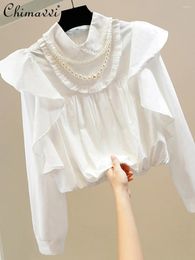 Women's Blouses Fashion Pleated 3D Ruffled Stitching White Shirt Heavy Industry Beaded Chain Sweet Long Sleeve Doll Collar Blouse Top