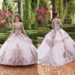 Gorgeous Pink Sweet 16 Quinceanera Dresses Princess Ball Gown 2021 Sparkly Sequined Appliques Long Sleeves V Neck Puffy Tulle Tiered Pr 2161