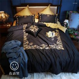 Bedding Sets 43 European Styel Black With Gold Embroidery Set Egyptian Cotton Duvet Cover Bed Sheet/Linen Pillowcases 4/7pcs