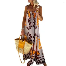 Casual Dresses Summer Slip Dress Low-cut Backless Sleeveless V Neck Print Loose Ankle Length Sundress