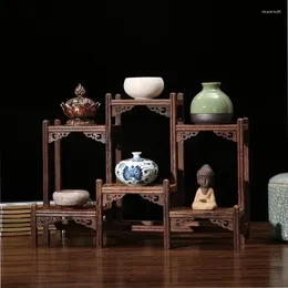 Decorative Figurines Multi-function Tea Pot Crafts Display Holder Shelves Vase Cup Wood Carving Stand Decoration Home Teahouse