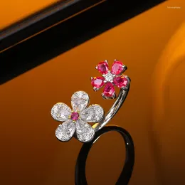 Cluster Rings Unique Design S925 Sterling Silver Flower Petal Opening Adjustable Rose Crystal Ring Sweet Female Fashion Girl Gift