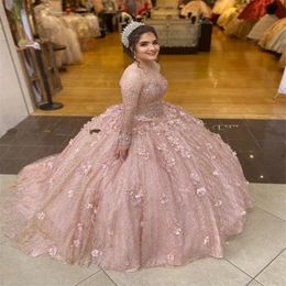 Sparkly Rose Gold Sequins Ball Gown Quinceanera Dresses Bridal Gowns Long Sleeve Sweet 16 Dress vestidos de xv a os anos 2940