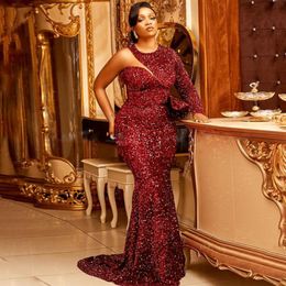 Arabic Aso Ebi Style Mermaid Evening Dresses 2022 One Shoulder Sweep Train Burgundy Sequins Plus Size Formal Prom Pageant Gowns Robe De 212n