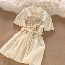 Party Dresses Spaghetti Strap Dress Sets Women French Floral Sweet 2024 Summer Chic 2 Piece Short Sleeve Lace Up Shirt Beige Tops