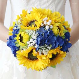 Decorative Flowers Artificial Hydrangea Yellow Sunflower Bridal Bouquet Silk Flower Wedding Holding For Bride Bridesmaid