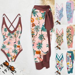 Women's Swimwear 1 Piece Cover Up Two Suits Vintage Ethnic Style Printing Bikini Sets Lace Sexy Swimsuits