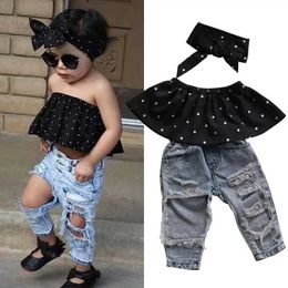 Clothing Sets 3-piece baby girl summer clothing set with sleeveless vest hole jeans bow headband set fashionable casual childrens clothing setL2405