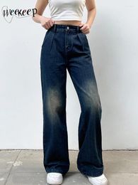 Women's Jeans Weekeep Retro Straight Denim Streetwear Baggy High Waist Casual Pants Y2k Aesthetic Women Trousers Korean Fashion Harajuku