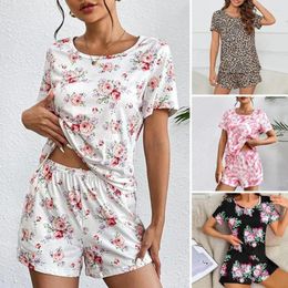 Home Clothing 2 Pcs/Set Women Pajamas Set Short Sleeve O Neck Flower Print T-shirt Elastic Waist Pants Homewear Top Shorts