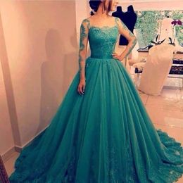 Customized lace Gown Teal Blue Prom Dress Long Sleeves Lace Applique Elegant Saudi Arabia Formal Evening Dress Party Gowns 276B