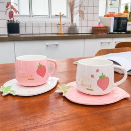 Cups Saucers 250ML Creative Water Cup With Saucer Kawaii Strawberry Ceramic Milk Mug Juice Coffee Mugs Cartoon Drinking Children's Gifts