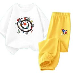 Clothing Sets Boys Summer Clothing Set Childrens Cartoon Space T-shirt+Loose Harlan Pants Set 2PCS Youth Sports Clothing SetL2405L2405